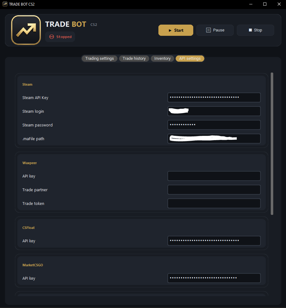 Подключение Steam и торговых площадок по API-ключам